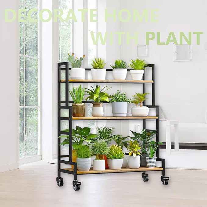 YIZAJIA Plant Stand Indoor 3 Tier Metal Board Outdoor Tiered Stands Shelf With wheel for Multiple Plants Potted Ladder Plant Holder Table Plant Pot Stand for Window Garden Balcony Living Room (3
