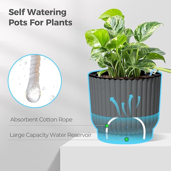 T4U 7 Inch Self Watering Pots for Indoor Plants, 4 Pack Gray Plastic Flower Pots for All House Plants, Flowers, African Violets