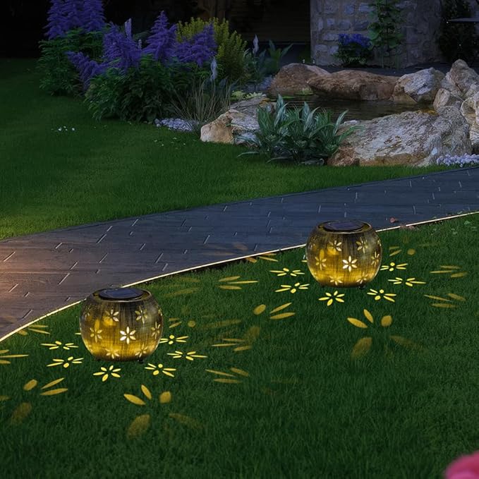 VEWOGARDEN 2 Pack Solar Lanterns Outdoor Waterproof Solar Lantern Hollow Out Metal Lantern Solar Lights for Patio Garden Table Decor