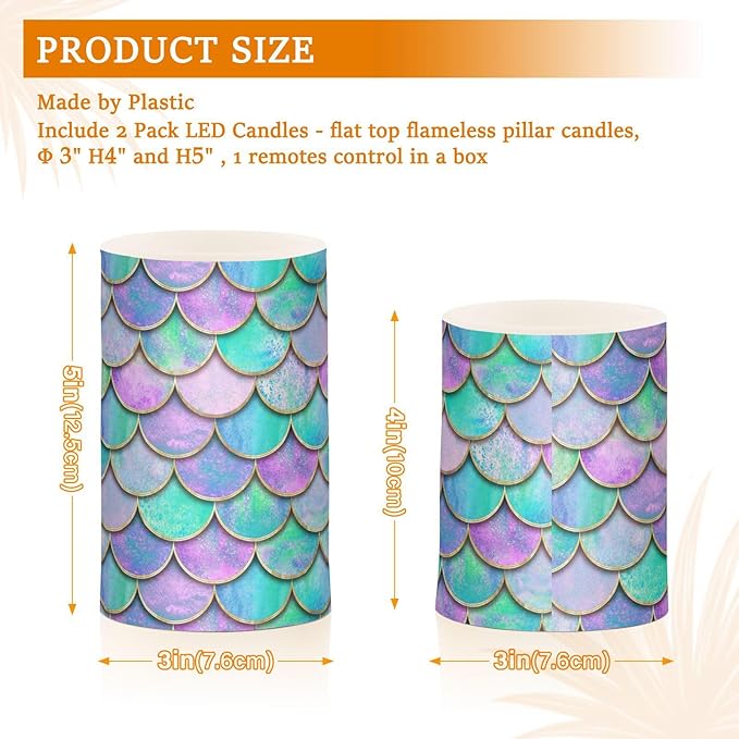 Vdsrup Flameless Candles Set of 2 Purple Teal LED Candles with Timer Battery Operated Mermaid Scale Candle Lights Flickering with Remote for Home Bedroom Decor