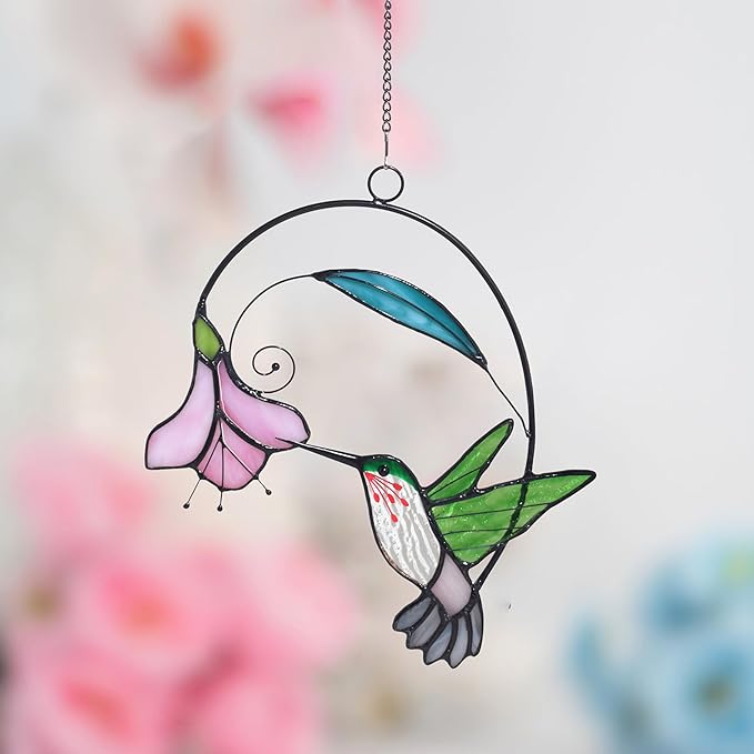 Lolitarcrafts Stained Glass Hummingbird Window Hangings with Flowers, Bird Stained Glass Suncatcher for Window Decor Hummingbird Gifts for Mom,Bird Lovers (Green with Flower A)