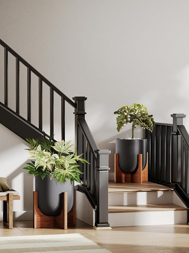 LE TAUCI 12 Inch Pots for Plants with Acacia Wood Stand, Ceramic Large Planters for Indoor Plants, Indoor Plant Pots for Office Living Room, Pots for Plants with Drainage Hole and Plug, Charcoal Gray