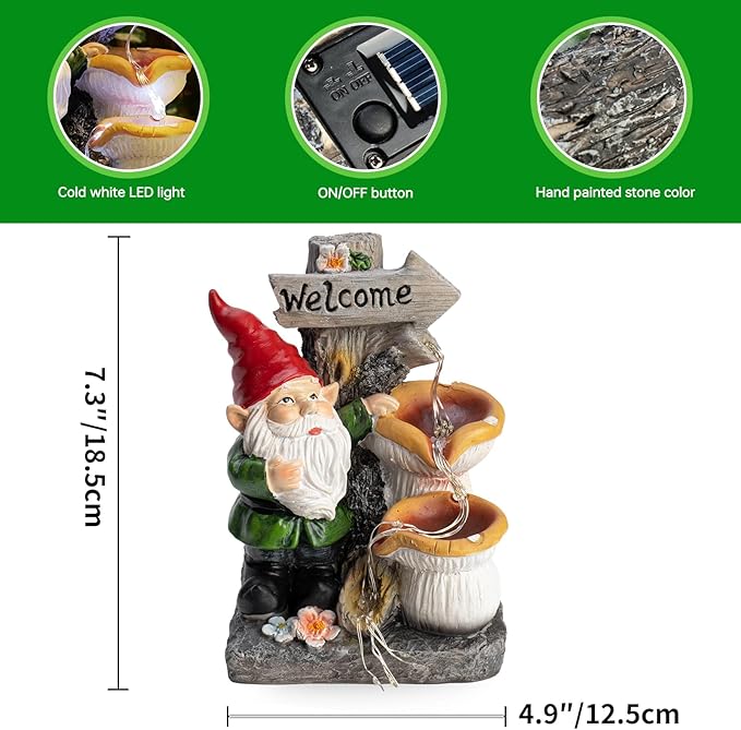 mopha Garden Gnomes Statues Outdoor Decor with Flowing Water Solar Lights Resin Figurines Outside Decoration for Patio Yard Lawn Porch Ornaments Clearance Gardening Gift