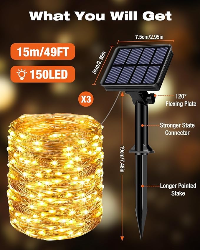 3 Pack Solar Fairy Lights for Outside Waterproof, Total 147FT 450LED Solar String Lights Outdoor 8 Modes Solar Twinkle Lights for Garden Yard Christmas Tree Wedding Party Decor, Warm White