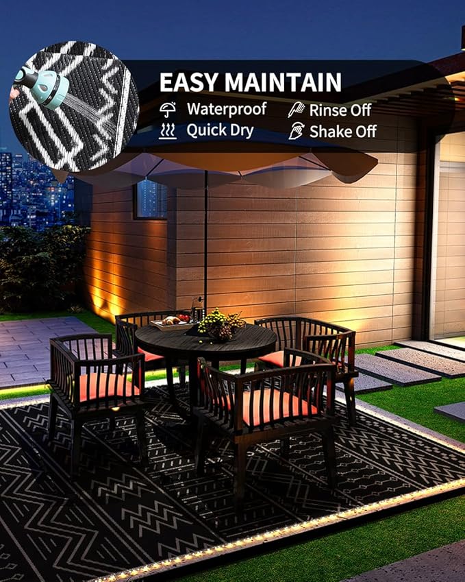 Outdoor Rug Carpet Waterproof 8x10 ft with LED Strip Lights-Patio Rug Mat Indoor Outdoor Rug for RV Camping Picnic Reversible Lightweight Plastic Straw Outside Rug for Patio Decor Decoration Boho Rug