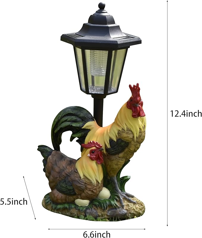 Solar Garden Outdoor Statues Rooster Hen Couple with Light, Outside-Outdoor Decorations Chicken Sculptures for Patio Yard Lawn Walkway Ornaments Clearance Gifts for Mom Grandma Birthday