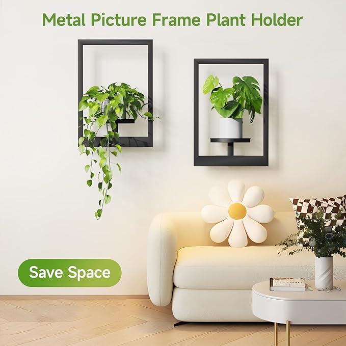Picture Frame Wall Plant Holder, Metal Window Plant Shelves Plant Holder for Indoor Plants, Hanging Wall Planters Wall-Mounted Plant for Home, Office, and Garden (Black, 3PCS)