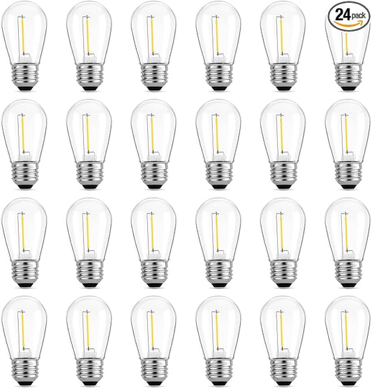 Meconard 24-Pack LED 1W String Light Bulbs, S14 Plastic Shatterproof Edison Vintage Style Replacement 1 Watt Outdoor Light Bulbs 2200K, Waterproof, Warm White Equivalent to 11w, E26 Base