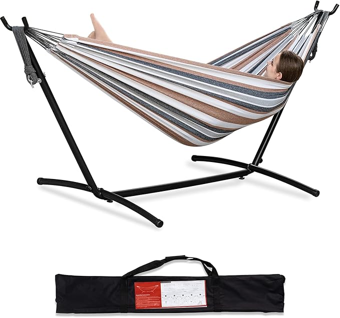 PNAEUT Double Hammocks with Stand for Outside, Portable Space Saving Heavy-Duty Steel Stand for Indoor Outdoor Patio with Carrying Bag, 450 lbs Capacity (Coffee)