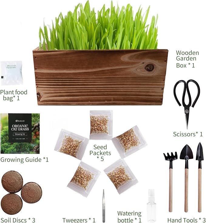 Cat Grass Kit for Indoor Cats - 5X Seed Packets with Handmade Wood Planter | Grow Organic Non-GMO Wheat Grass in 4-7 Days, Aids Digestion & Hairball Control, Ideal Gift for Cat Lovers