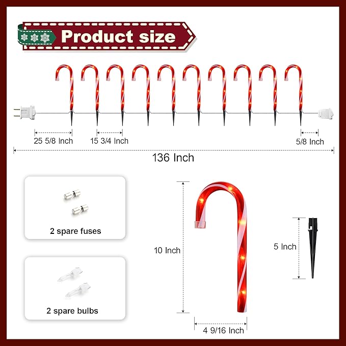 Christmas Candy Cane Lights, Candy Cane Lights Christmas Decorations Outdoor for Yard,Garden(10Inch), 10Pack