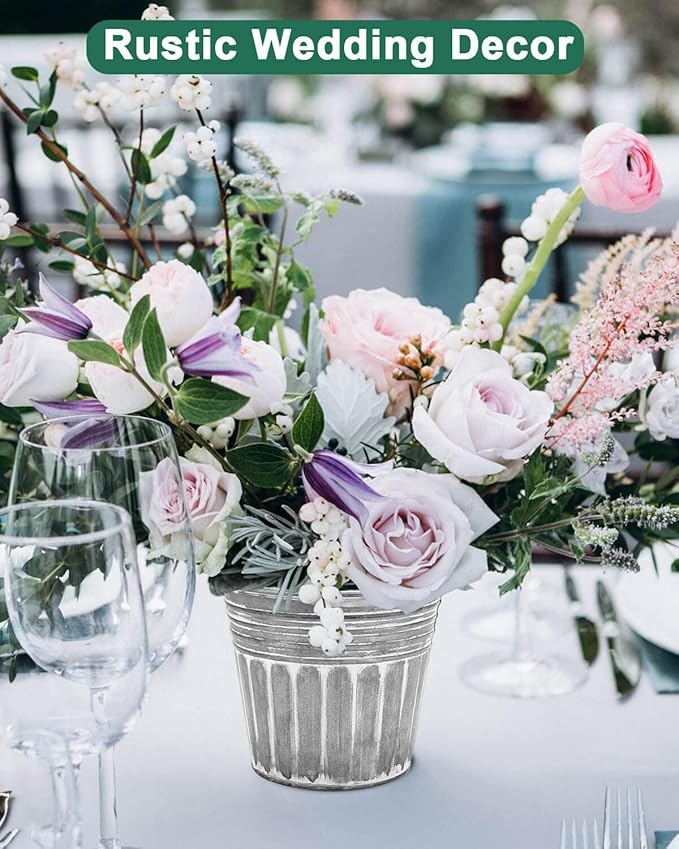 vensovo 6 Inch Silver Metal Rustic Flower Pots - 6Pcs Galvanized Planters with Drainage Hole and Rubber Plug, Rustproof Metal Bucket Plant Pots Farmhouse Vintage Style for Decor