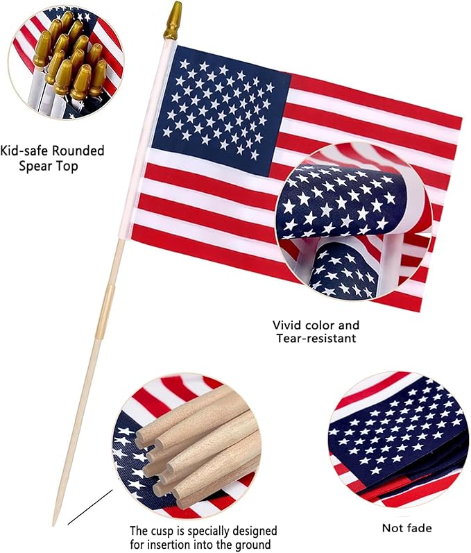 12 Pack 12x18 Inch American Flags for Outside, US Flags with Kid-Safe Spear Top ,American Flags on Stick, Patriotic Decorations,Perfect for Flag Day, Memorial Day, Independence Day Patriotic Holiday Yard Garden Flags