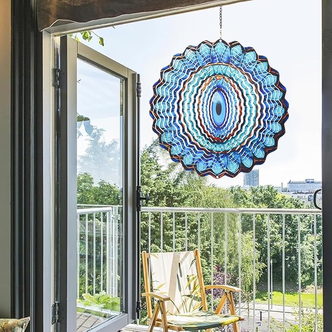 3D Wind Spinner Mandala 10 Inch Evil Eye Stainless Steel Wind Sculpture Blue Hanging Ornament Laser Cut Metal Art for Indoor Outdoor Garden Decoration Protective Amulet for Home and Yard