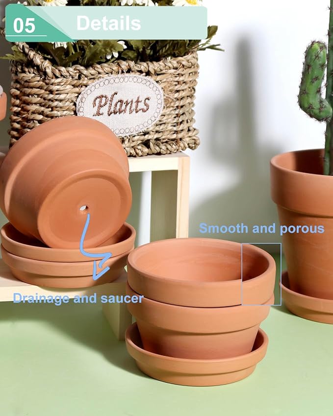 vensovo 4.5 Inch Terracotta Shallow Succulent Pots - 6 Pack Terra Cotta Clay Pot with Saucer, Cacuts Indoor and Outdoor Planters with Drainage Hole