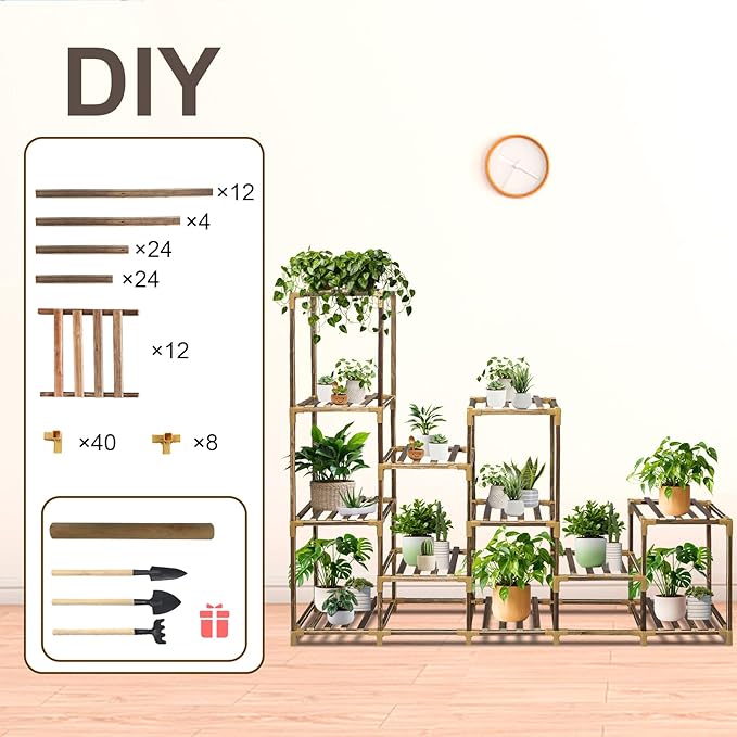 Plant Stand Indoor Outdoor, 12 Tier Plant Shelf for Multiple Plants, Large Wood Plant Shelf Combo Ideal for Gardens, Patios, and Lawns