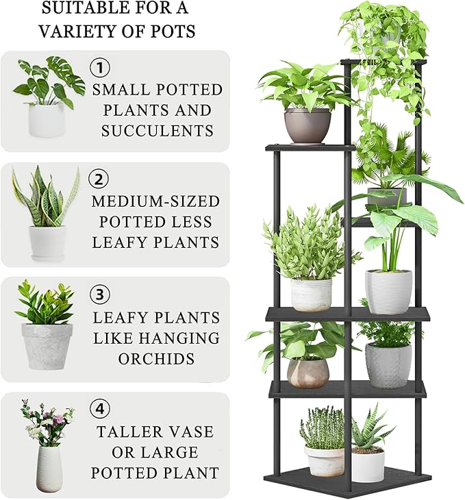 Plant Stand Indoor 6-Tier Metal Wood Plant Shelf for Multiple Flower Pots Corner Tall Flower Holders for Living Room Balcony Bedroom, Black