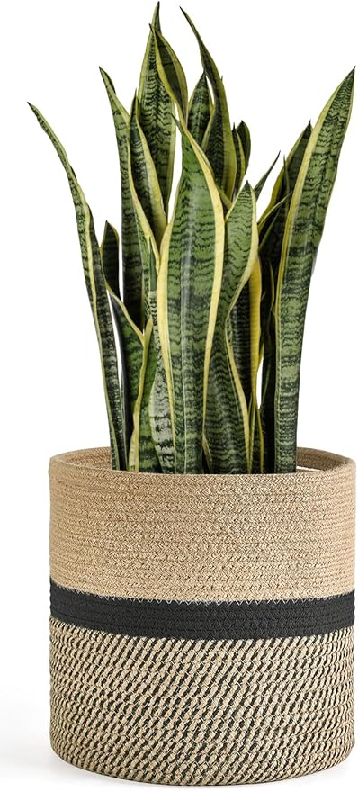 Dahey Jute Rope Plant Basket Modern Woven Storage Basket for 10" Indoor Planter, Decorative Flower Pots Cover Laundry Bin with Handle Rustic Home Decor, Black