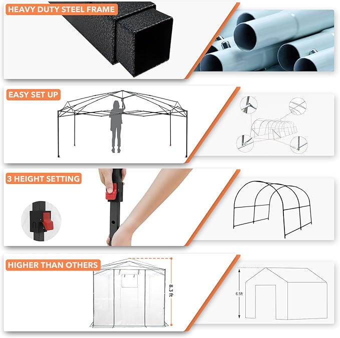 EAGLE PEAK 12x8 Portable Walk-in Greenhouse, Pop-up Indoor Outdoor Garden Green House, Zippered Doors and Windows, Heavy Duty Woven PE Cover, White
