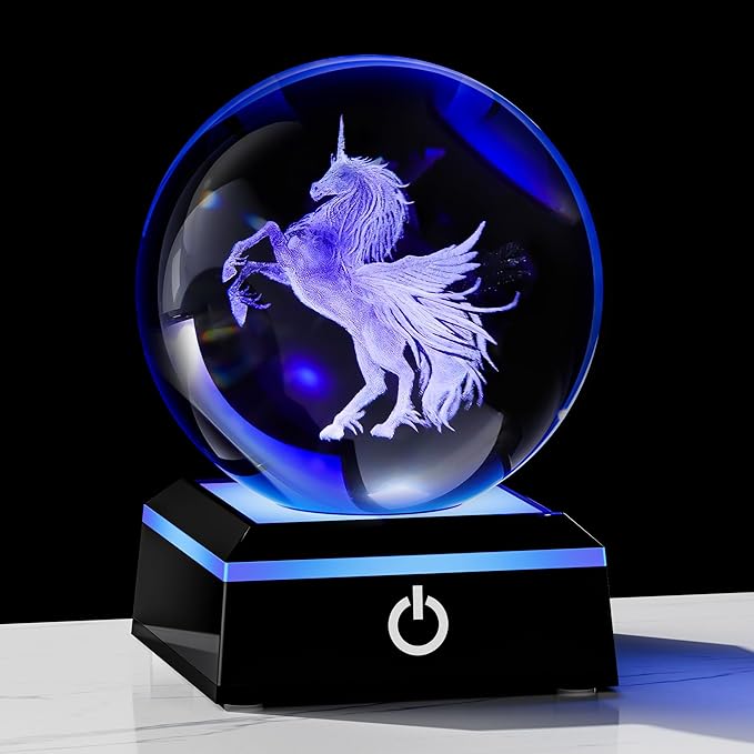 Qianwei Unicorn Gifts for Women 3D Crystal Ball 3.14'' - 80mm Laser Unicorn Decor Glass Animals Unicorn Gifts Figurines Statue Stuff for Room Decorations Unicorn Night Light