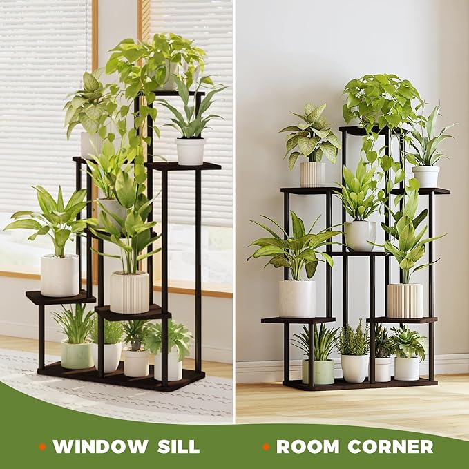 7 Tiered Plant Stand Indoor Corner Plant Shelf for Multiple Plants for Patio Garden Balcony Living Room Bedroom, Tall Metal Flower Pots Stand Relaxing for Women Gift Black Oak