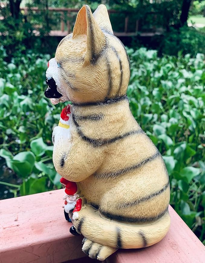 Garden Cat Eating Gnomes Statues Funny Gnome Decor for Outdoor Patio Lawn Yard Decor (cat Eating)