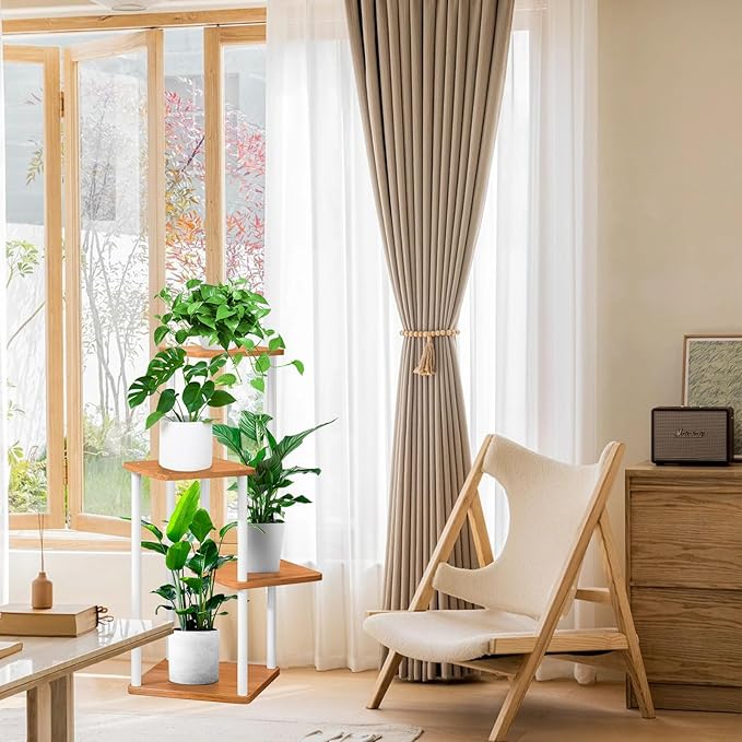 4 Tier Wood Tall Plant Stand Metal Rack Indoor, Multiple Flower Pot Holder Shelves Corner Rack, Planter Shelf Display Rack Storage Organizer for Patio Living Room Balcony Garden(White)