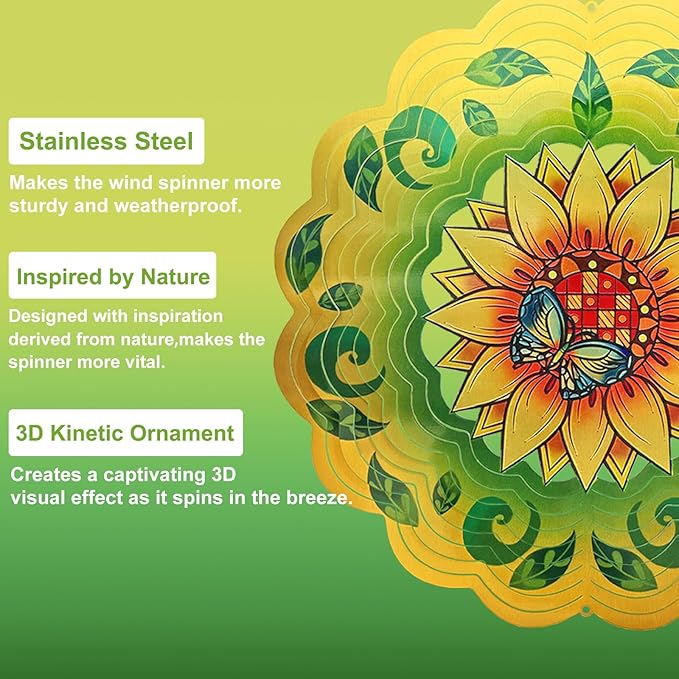 Sunflower Wind Spinners 3D Hanging Wind Spinner Sunflower Ornament Gifts for Women Mom Grandma,12inch Metal Wind Kinetic Sculpture for Outdoor&Indoor Decor, Yard Art, Garden Decoration