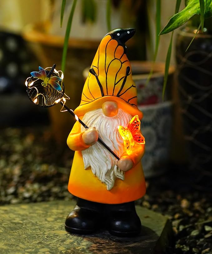 Solar Gnome Statues Outdoor Decor: Garden Figurines Sculpture with Glowing Butterfly and Catching Dragonfly for Yard Porch Patio Balcony - Gifts for Mother Grandma