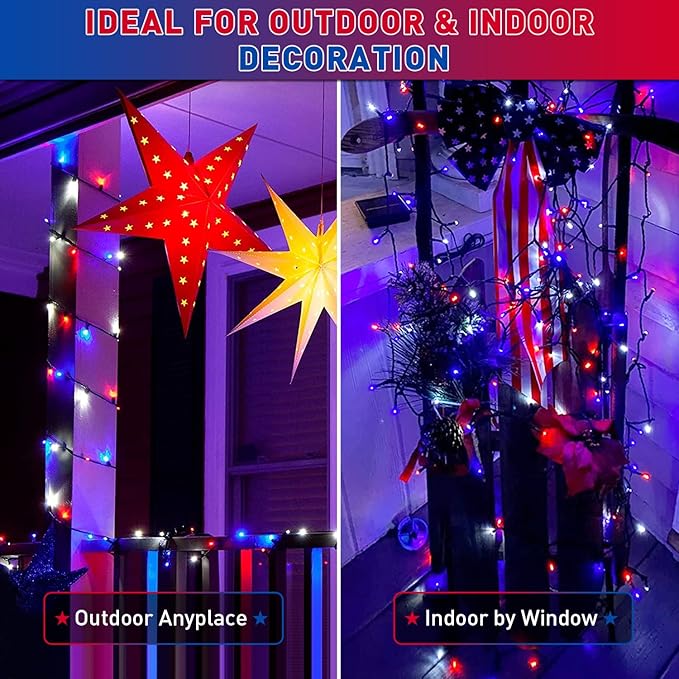 JMEXSUSS 2 Pack Red White and Blue Solar Lights 100LED 33ft Patriot Solar String Lights Waterproof, 8 Modes 4th of July Lights for Independence Day, Gardens, Tree, Outdoor 4th of July Decorations