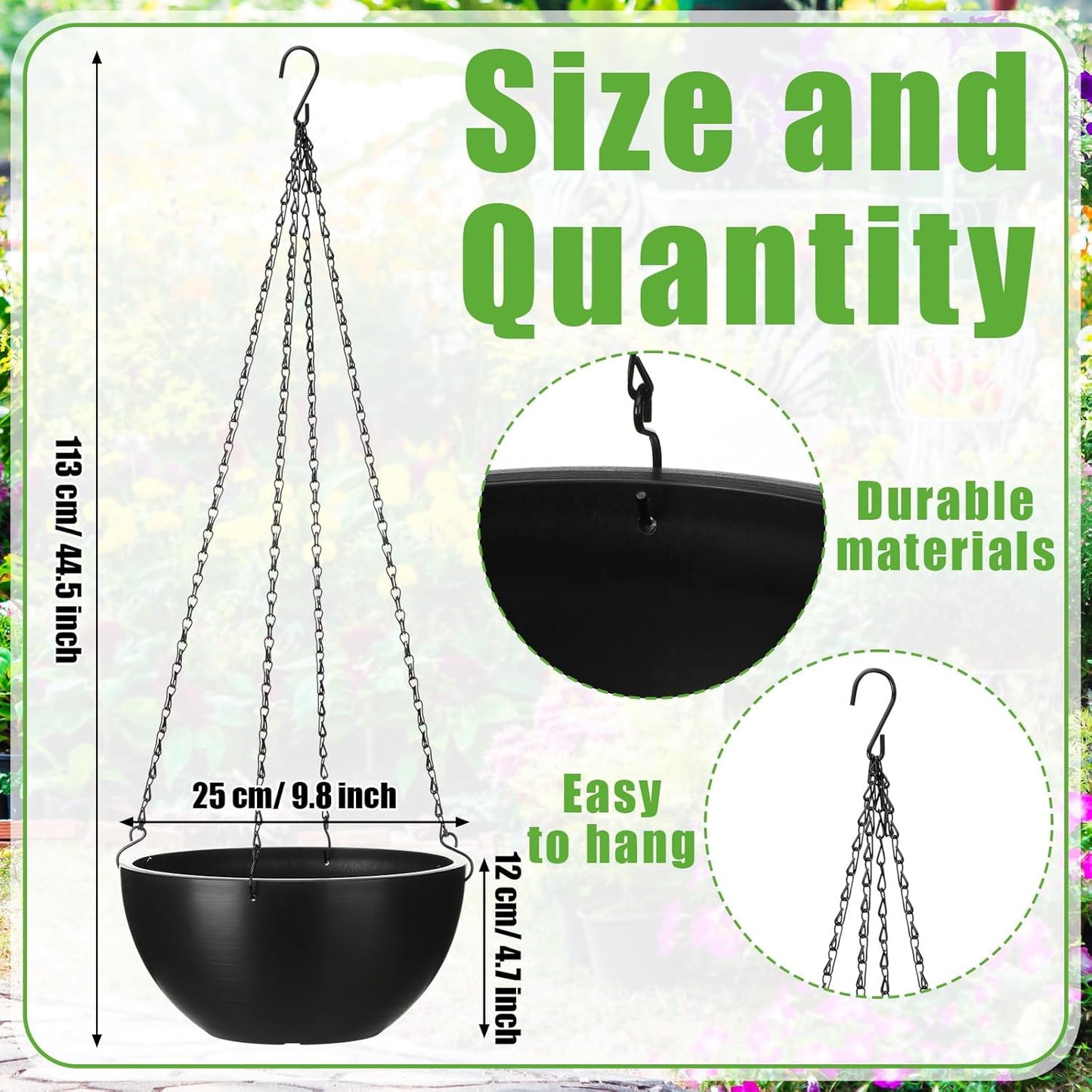10 Inch Recycled Based Composite Hanging Planters for Indoor Outdoor Plants with Drainage Holes and Chain Round Hanging Flower Pot Planter for Garden Home Porch Decor, Black