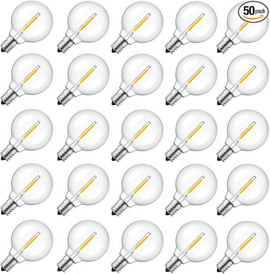 Brightown G40 Led Replacement Light Bulbs, 1W Shatterproof Globe Plastic Bulb Fits E12 or C7 Candelabra Screw Base, 1.5 Inch Dimmable Light Bulbs for Indoor Outdoor Patio Decor, Warm White, 50 Pack