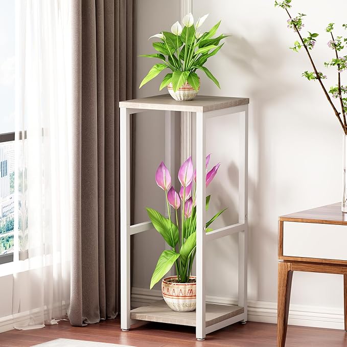 Plant Stand Indoor Corner Tall 2 Tier Metal Modern Flower Storage Plant Shelf Holder for Living Room Balcony Garden,White (2 Tier-White)