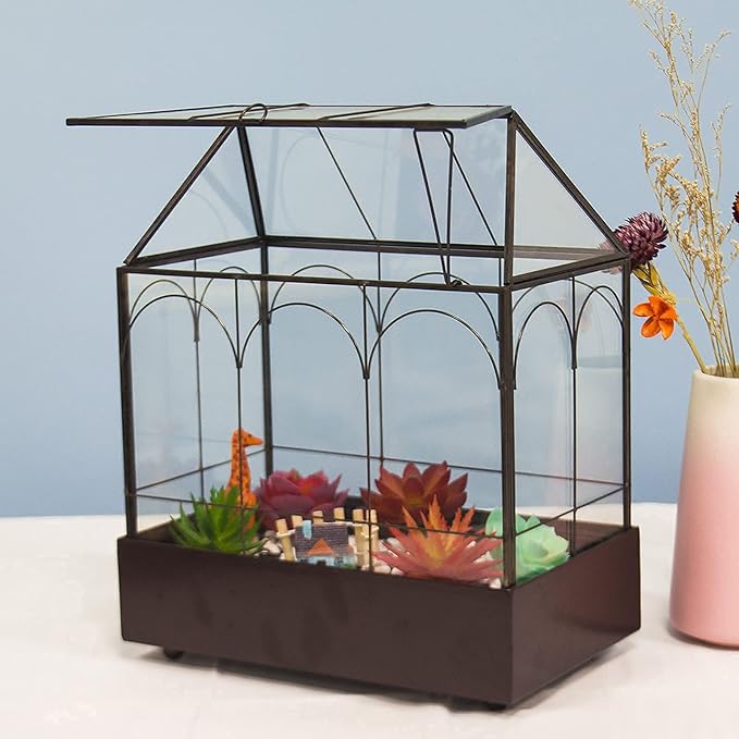 Large Tall Glass Plant Terrarium – House Succulent Terrarium Kit with Lip and Tray, 9.5”X5.7”X11.4”