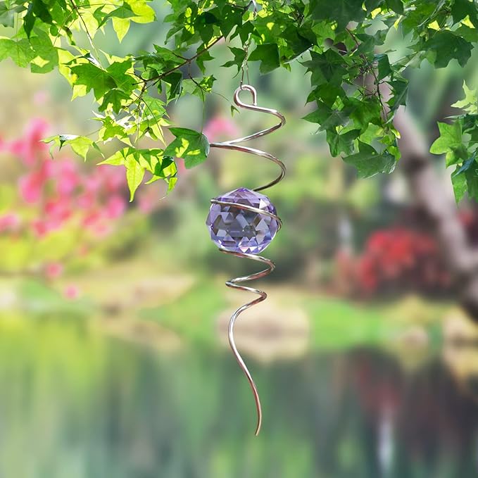 Wind Spinner Spiral Tail, Gazing Ball Spiral, Decorative Sun Catcher Rainbow Maker 11inch Tail and 2 inch Purple Crystal Orb with Swivel Hook, Indoor & Outdoor Garden Decoration 13" Height