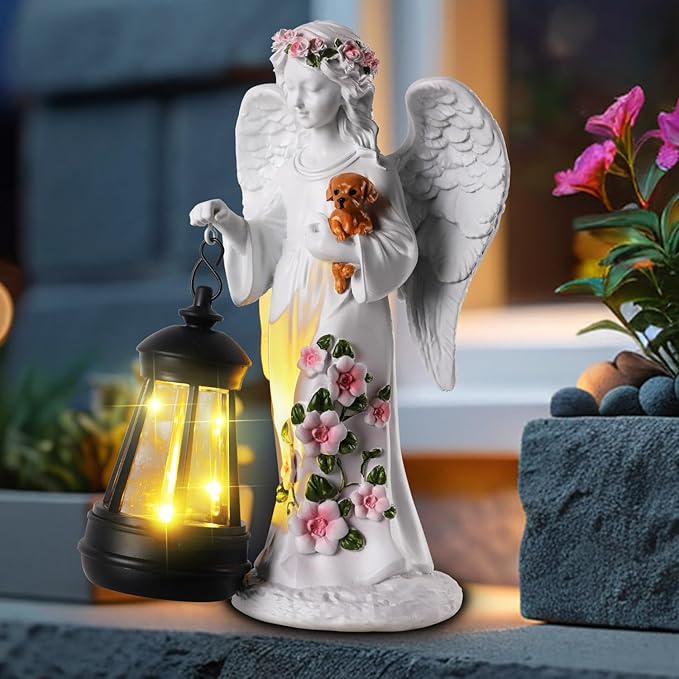 Solar Garden Decor - Angel Statues with Solar Lantern 8.7" Resin Angel Figurines Outdoor Waterproof Decorations for Yard Patio Lawn Porch Gardening Gift for Women Mother Girlfriend Wife