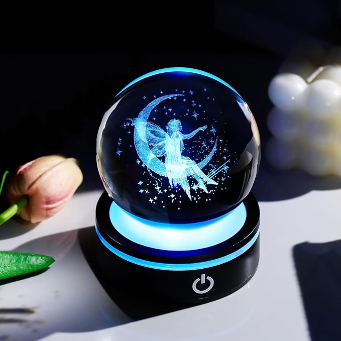 YWHL 3D Crystal Moon Figurine with Colorful LED Base, Laser Fairy Gifts for Women Girls on Christmas Birthday, Glass Globe Decorative Ball for Fairy Lovers Home Decor (80mm)