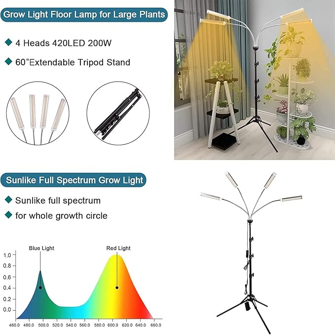 LED Grow Lights for Indoor Plants, 420 LEDs Full Spectrum Plant Lights for Indoor Growing with 15-63 inches Adjustable Tripod Stand, 4 Heads Floor Grow Lamp with 3/6/12H Auto On/Off Timer Function