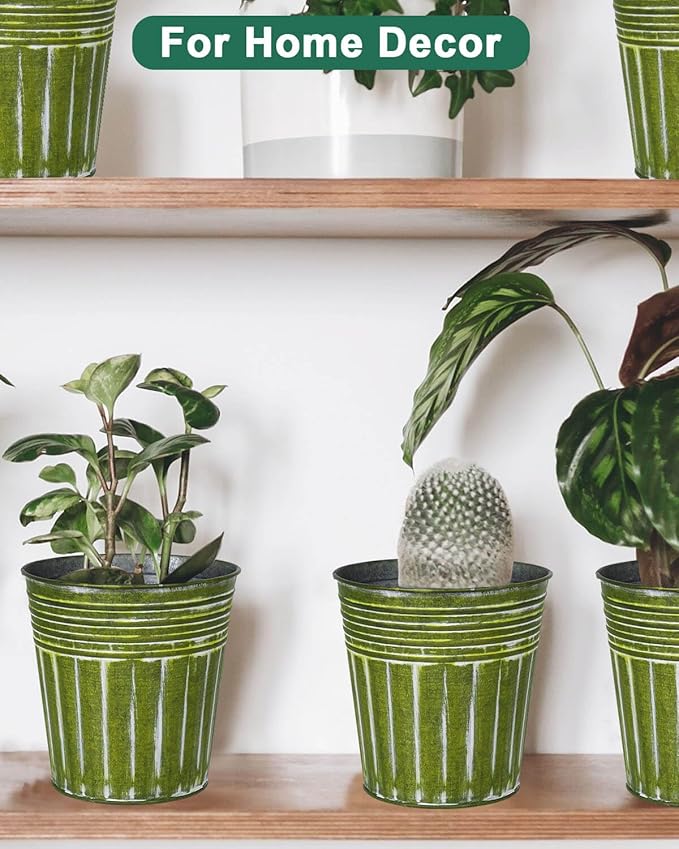 vensovo 6 Inch Kelly Green Metal Rustic Flower Pots - 6Pcs Medium Galvanized Planters with Drainage Hole and Rubber Plug, Rustproof Metal Bucket Plant Pots Farmhouse Vintage Style for Decor