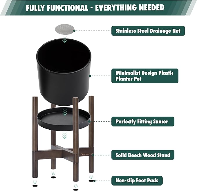 D'vine Dev Planter Pot with Stand - 14 Inch Plastic Cylinder Flower Pot with Wood Planter Holder for Indoor, Matte Black Pot + Walnut Color Stand, 55-C-R-2