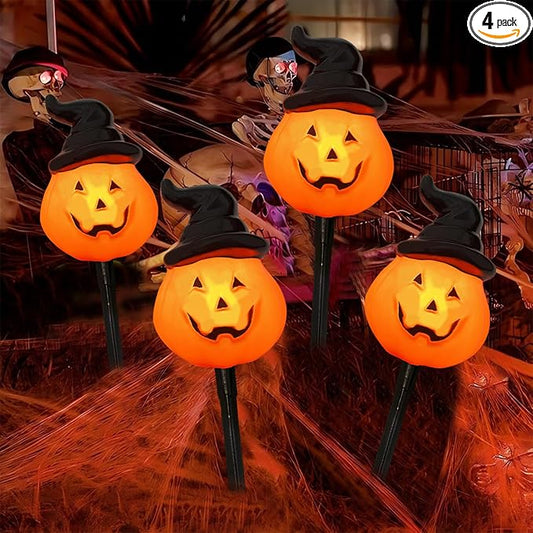 Halloween Decorations Wizard Hat Pumpkin Outdoor String Lights, 4 Pack Halloween Pumpkin Hat Pathway Marker Stake Lights with 4 C7 LED Bulbs for Outdoor Halloween Party Garden Garden Lawn Walkway