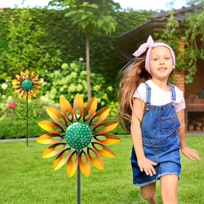 Sunflower Standing Wind Sculpture, Outdoor Wind Spinner with Stake, Metal Windmill for Garden, Lawn Yard Art Decorations (1pcs-Yellow)