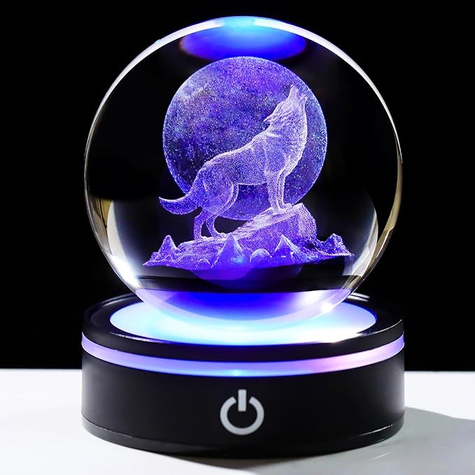 YWHL 3D Crystal Ball Moon Wolf Figurine with Colorful LED Base, Laser Wolf Gifts for Women Men Wolves Lovers on Christmas Birthday, Wolf Statue Glass Animal Decorative Ball for Home Decor (80mm)