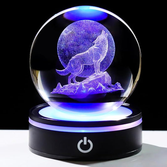 YWHL 3D Crystal Ball Moon Wolf Figurine with Colorful LED Base, Laser Wolf Gifts for Women Men Wolves Lovers on Christmas Birthday, Wolf Statue Glass Animal Decorative Ball for Home Decor (80mm)