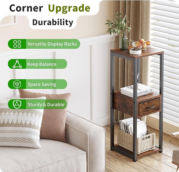 Tall Plant Stands Indoor, 3 Tier Plant Table with Fabric Drawer , Corner Plant Stands for Indoor Plants Multiple, Small Side Table for Indoor Plants, Tall Plant Table