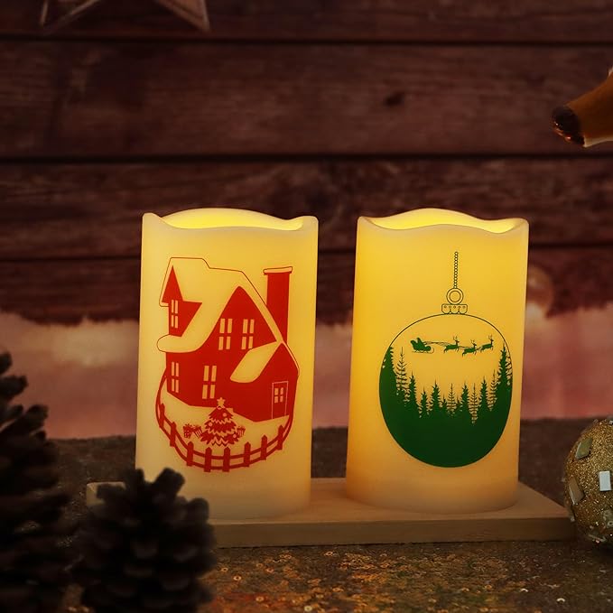 Outdoor Battery Operated Flameless Pillar Candles Auto Daily Timer Waterproof Realistic Flickering Electric LED Lights Snow House Christmas Ball Tree Decals Xmas Decorations 3”X5” 2 Pack