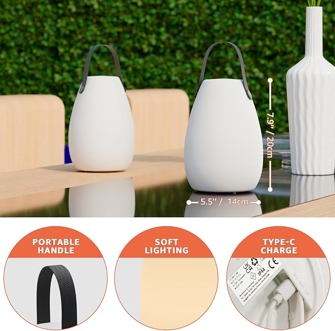 uuffoo 2 Pack Portable Outdoor Table Lamp, Dimmable Cordless Lamp with Remote and 7 RGB Colors IP44 Waterproof Hanging Lamp Indoor/Outdoor Night Lamp Lantern for Bedroom Garden Dining Camping