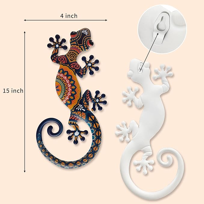 LIFFY Metal Lizard Gecko Wall Art - 2 Pack 15 Inch Metal Wall Decor, Lizard Outdoor Hanging Glass Sculpture Decoration for Yard Garden Art, Patio Fence Home, Unique Gift Ideas