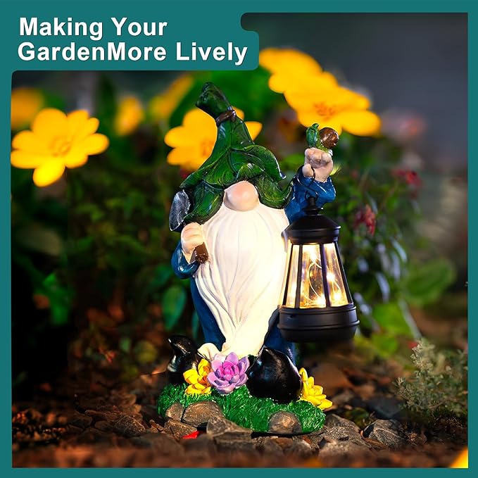 Garden Gnome Solar Figurine Lights - Solar Powered Lighting Outdoor Decorations with Lantern & Shovel, Yard Art Lawn Ornaments for Porch Patio Balcony - Gnome Gifts for Women Mom