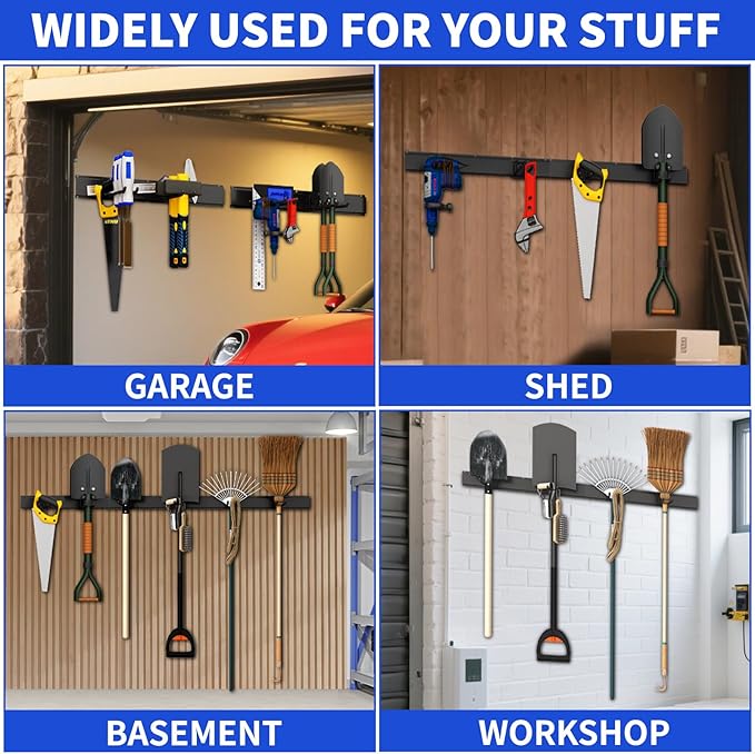 Garage Organization Tool Organizer Wall Mount, 48inch Heavy Duty Garden Tool organizer Storage System, Easy Install With 6 Adjustable Straight Hooks, For Garage, Basement, Shed, Workshop(Black)